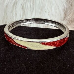 Vintage aged silvertone red white candy cane festive holiday, bangle bracelet
